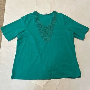 Susan Graver Teal Lace Round V Neck Short Sleeve 1X